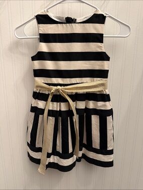 Crewcuts Black and Cream Striped Dress with Gold Sash
